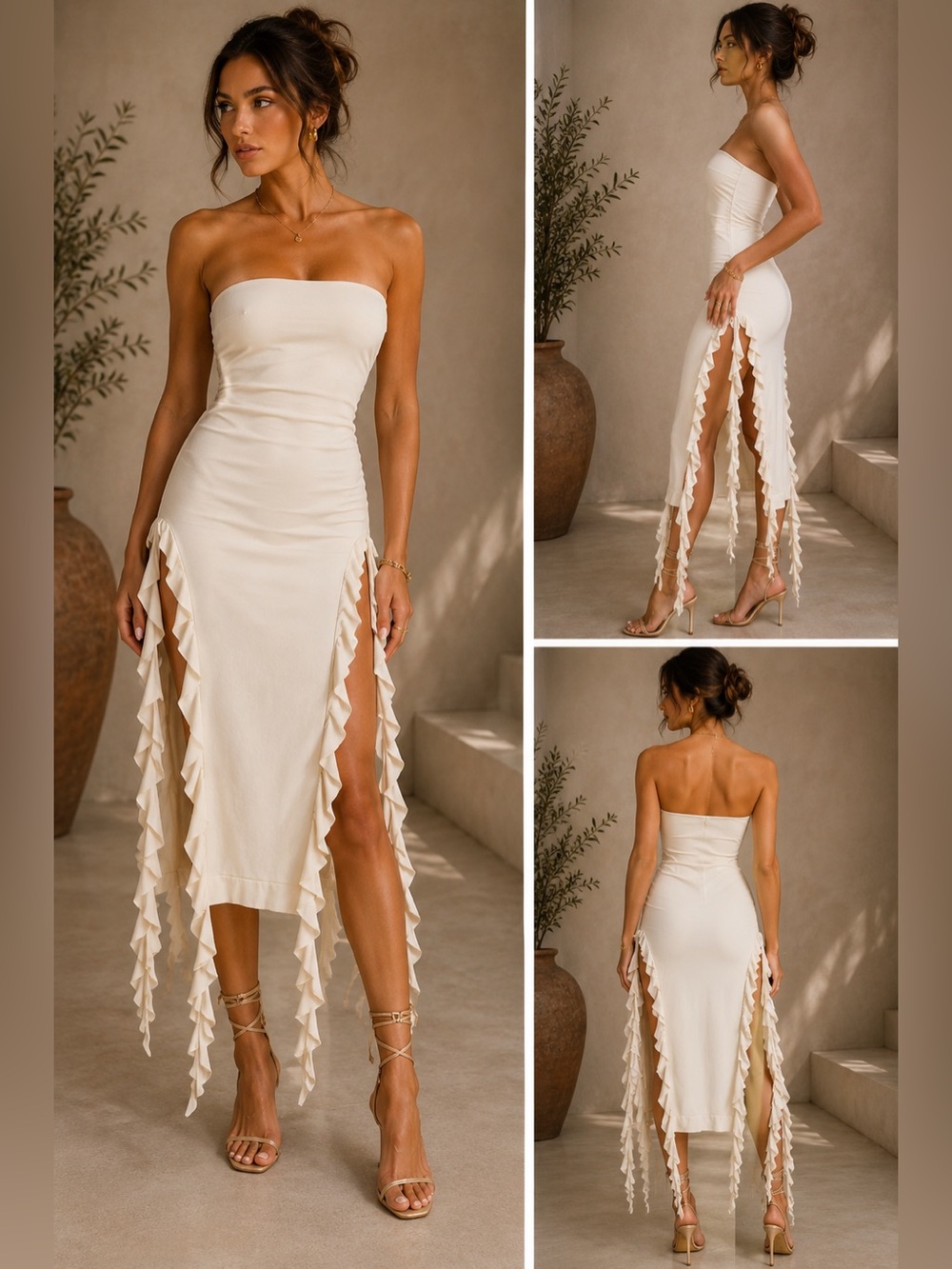 Cream White Strapless Ruffle Trim Bodycon Midi Dress Small